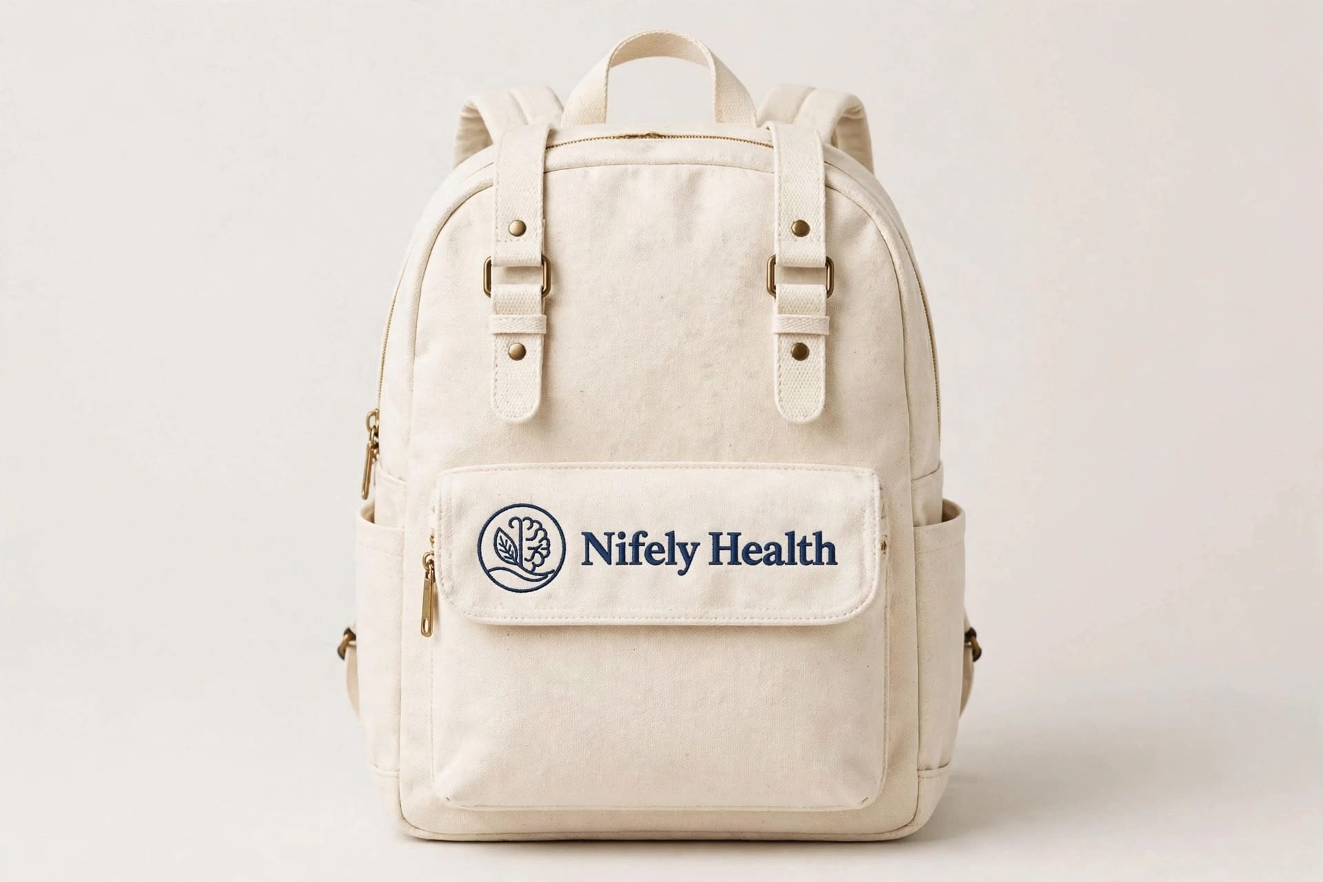 Nifely Health cream canvas backpack displaying the Calm Kit collection