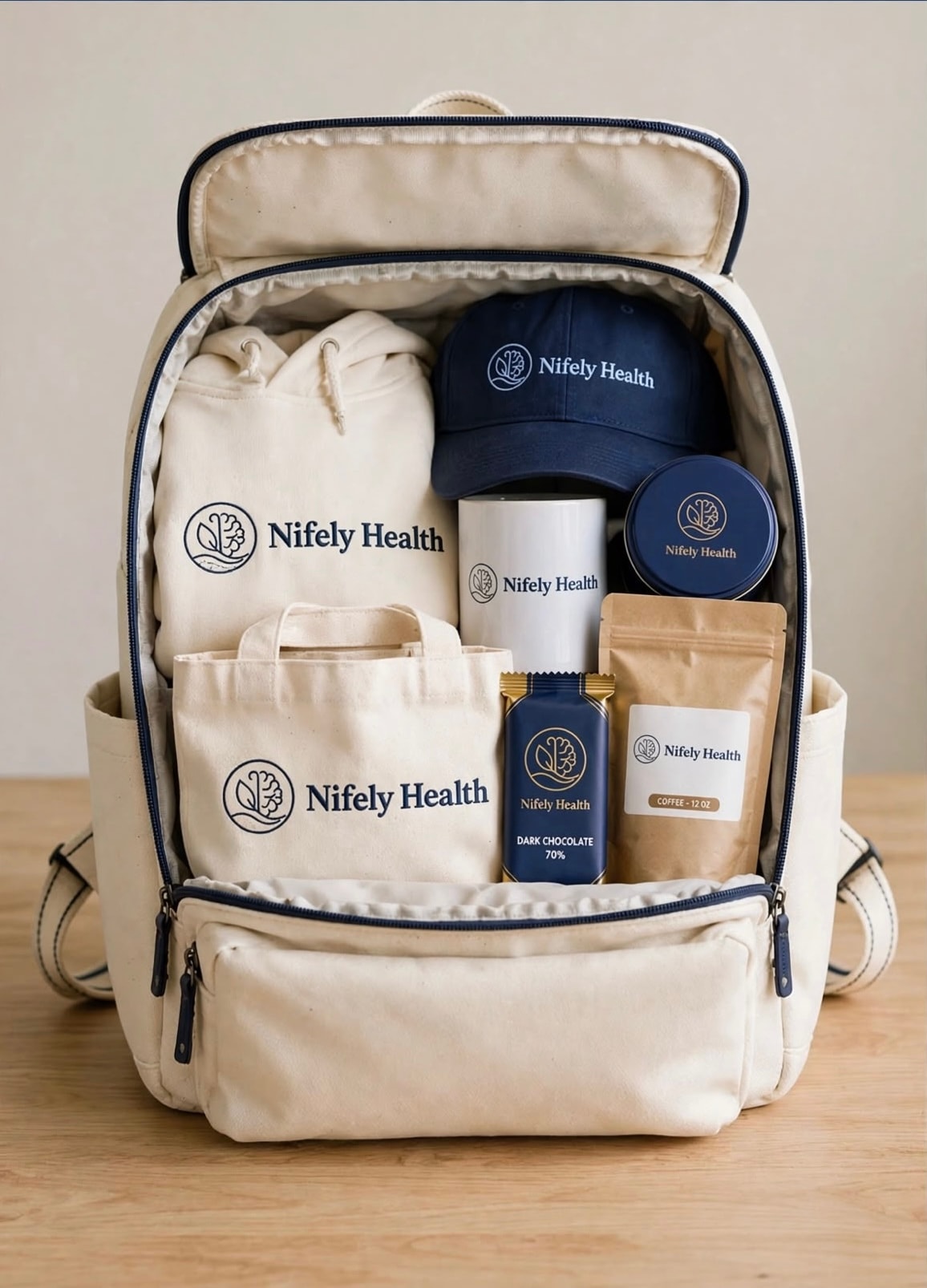 Nifely Health canvas backpack open showing Calm Kit items inside