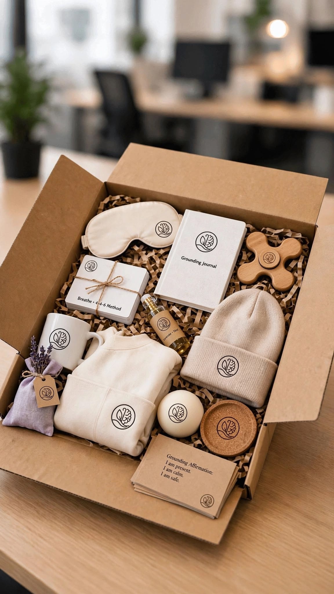 Nifely Calm Kit — numbered collection of 6 wellness keepsakes displayed on cream background